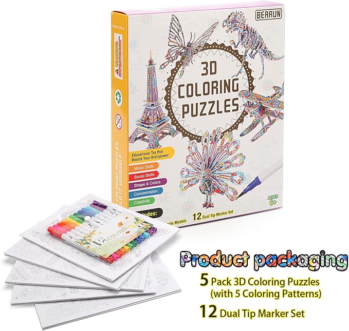BEARUN 3D Coloring Puzzle Set, Arts and Crafts for Girls and Boys Age 6 7 8 9 10 11 12 Year Old, Fun Educational Painting Crafts Kit with Supplies for Kids, Birthday Toy Gift for Kids