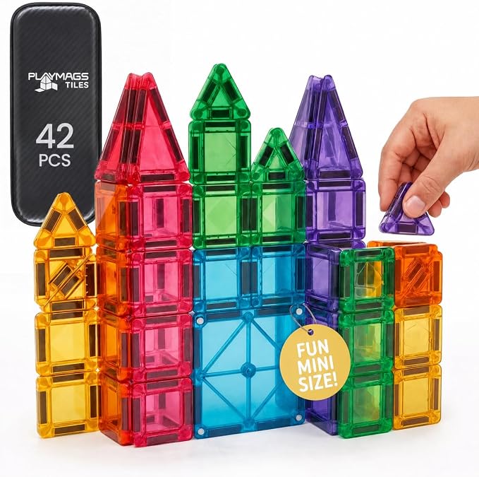 Playmags Mini Magnetic Tiles for Kids 42-Piece Set | Travel Magnetic Blocks | STEM Sensory Educational Toys | Portable Toddler Building Toys | Gift for Boys & Girls Ages 3