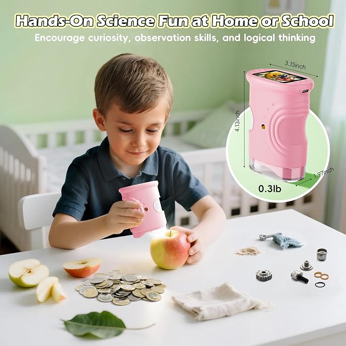 Alotwan Kids Microscope Digital 1000X Zoom, Mini Pocket Handheld Microscope Portable Travel Toys, HD Camera Video Magnifying Glass, Christmas Birthday Gifts for Girls, STEM Toys for Toddlers Age 3-8