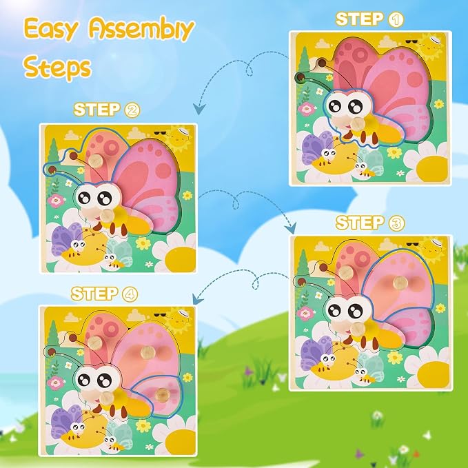 Chunky Wooden Puzzles for Toddlers 1-3: 4 PCS Animals Peg Puzzles Toys | 10 Reinforced Design Tested to 1,000+ Assembly Cycles - Big Pieces for Little Hands - Gift for 1-3 Year Olds Girl Boy