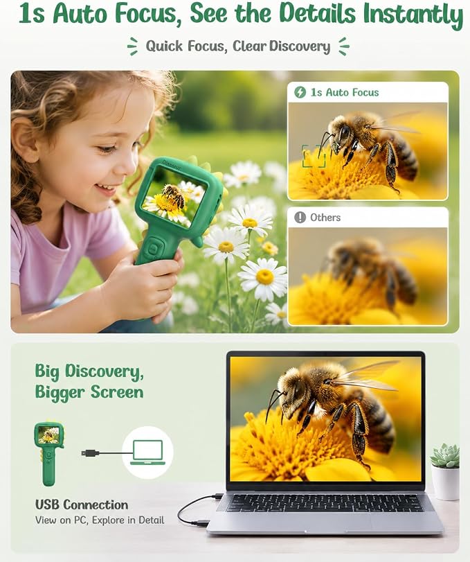 Microscope Camera for Kids Gifts Toys- Handheld Pocket Microscope Autofocus | 2.4" Screen Mini Digital Educational Science Kit for Christmas Birthday for Age 3-5 5-7 8-12 Girls Boys(Green)