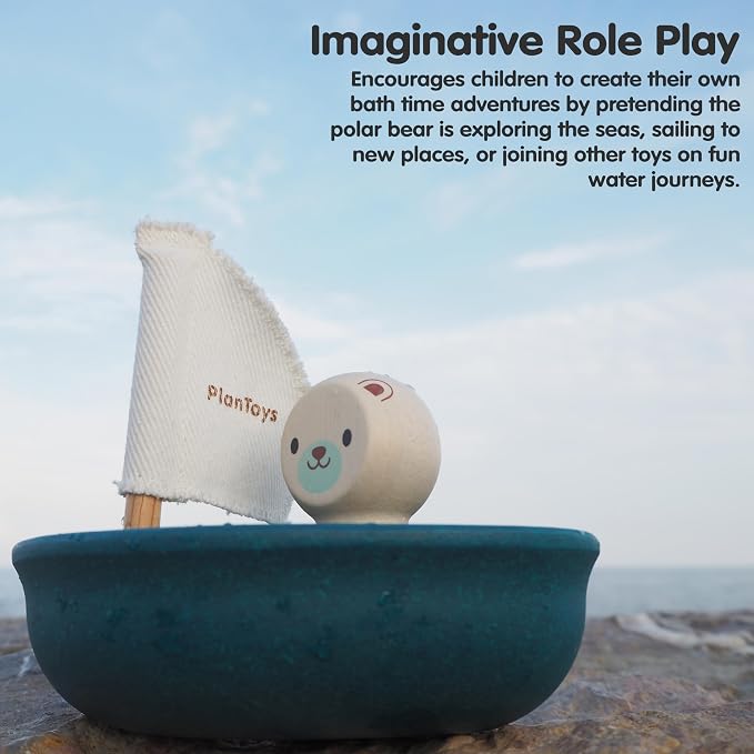 PlanToys® Polar Bear Sailing Boat Bath Toy for Toddlers, Montessori Wooden | polar bear sailing boat, montessori floating bath toy, water play, bathtub pool water table, kids toddlers wooden imaginative