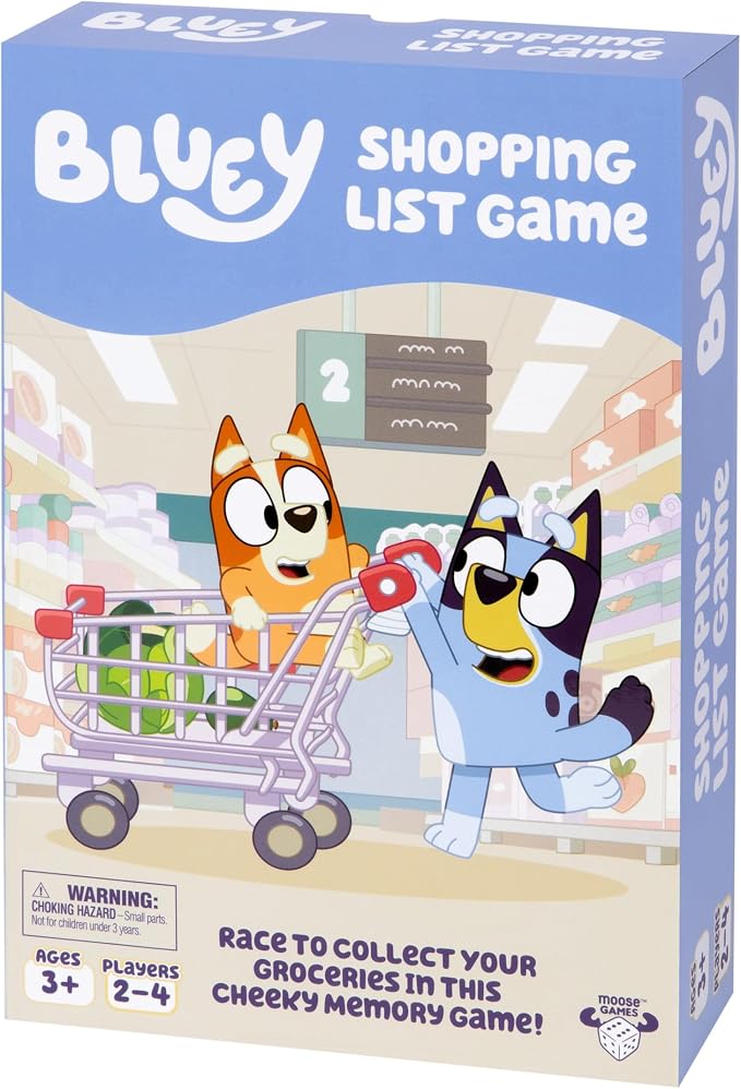 Bluey Shopping List Game, Memory & Matching Supermarket Game | Race to fill trolley with Bluey, Bingo, Bandit & Chilli, 2-4 players; family game for kids ages 3+