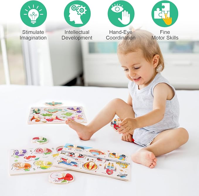 Wooden Peg Puzzles for Preschoolers 3-5, Kids' Educational Preschool Peg Puzzle Toy, Set of 3 Preschooler Puzzles - Traffic, Dinosaur, and Fruit, Ideal Gift for Ages 3 4 5 Boys and Girls