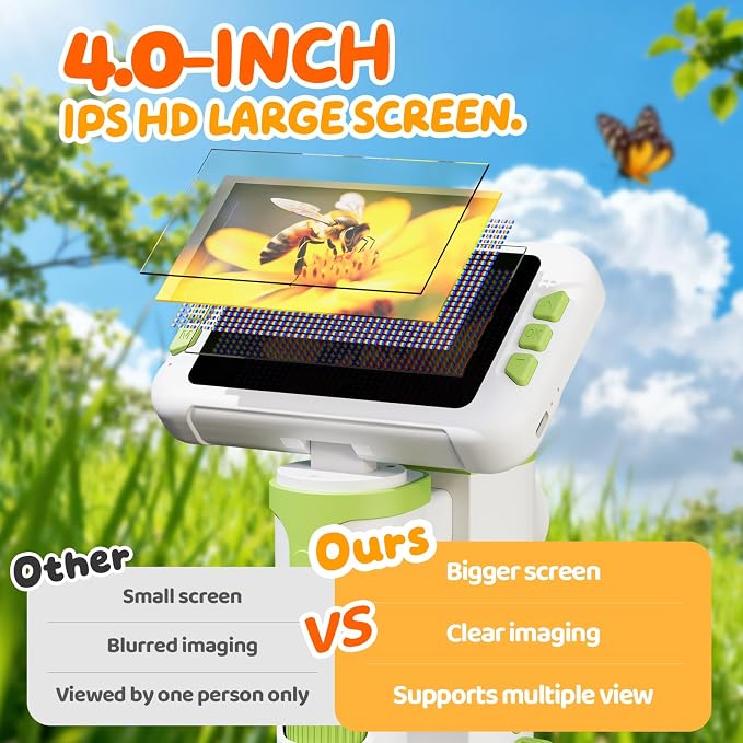 1600X Microscope for Kids, 1080P 4.0" Digital Screen Kids Microscopes with Slides Kit, Educational Science Toys for Christmas Birthday Gifts for 3-14 Year Old Children Students