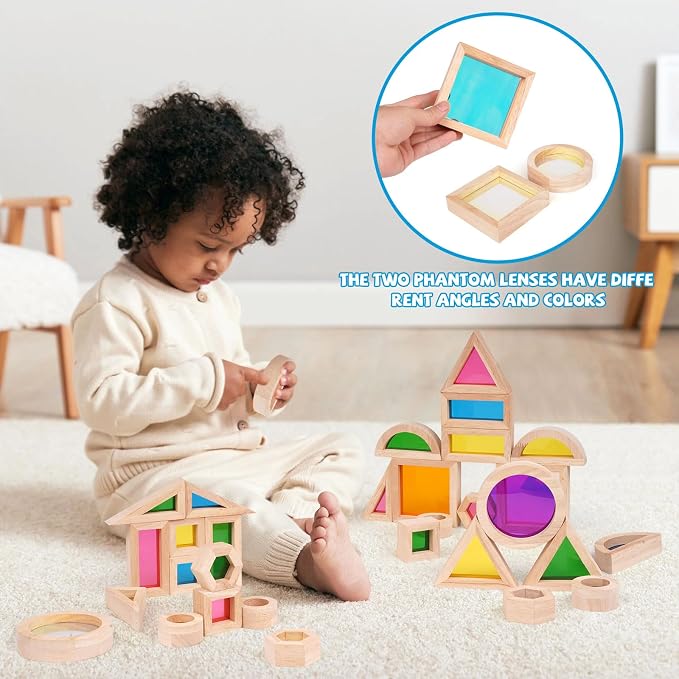 Agirlgle Wooden Rainbow Building Blocks for Kids 32 Pcs Rainbow Stacker Stacking Blocks Game Colorful Construction Toys Preschool Learning Educational Toys -Geometry Wooden Blocks for Boys & Girls