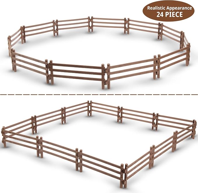 TOYMANY 24PCS Plastic Fence Toys Horse Corral Fencing Accessories Playset | for Farm Barn Paddock Horse Stable or Farm Animals Horses Figurines, Educational Gift Cake Toppers for Kids Toddler