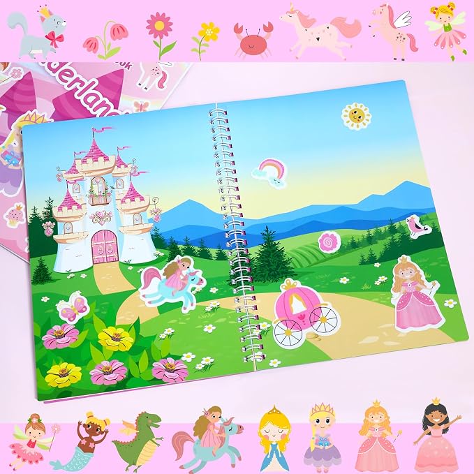 Jelly Sticker Books for Toddlers 2-4 Years, Reusable Sticker Book for Kids 1-3, Toddler Easter Basket Stuffers＆Travel Essentials Princess Stickers Toddler Plane Activities (Wonderland)