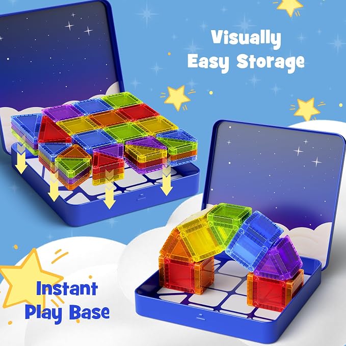 Mini Magnetic Tiles Travel Kit: 60Pcs Airplane Activities & Road Trip Toys | Visual Storage Box & Metal Play Base - Portable STEM Sensory Building Blocks for Toddlers & Kids Ages 3-8
