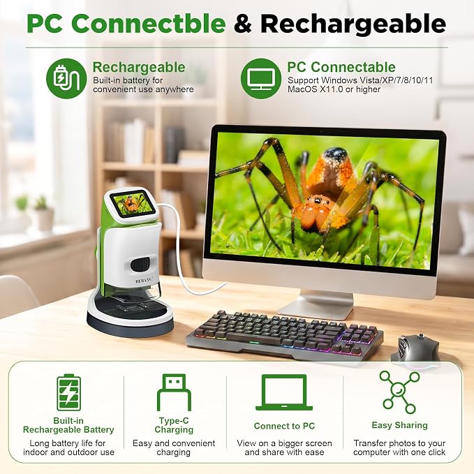 Kids Handheld Digital Microscope with Screen: STEM Science Kit Gift Toys | Rechargable | Bug Viewer | Slides Kit | Photo & Video | 4K Screen | Indoor & Outdoor Exploration for Boys Girls Ages 6-12