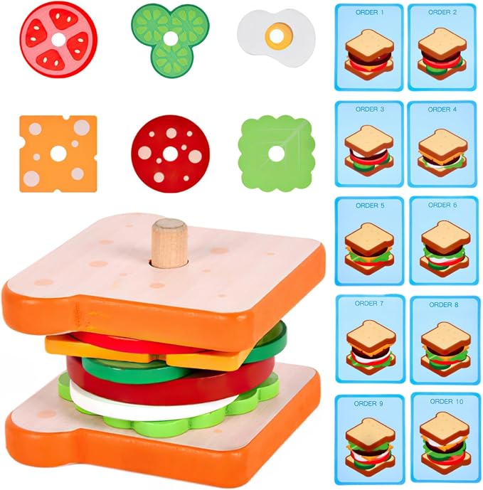 Wooden Sandwich Stacking Toys for Kids, Play Fake Food Toy, Montessori Toys for 3+ Year Old, Preschool Educational Toys to Develop Fine Motor Skills (Sandwich)