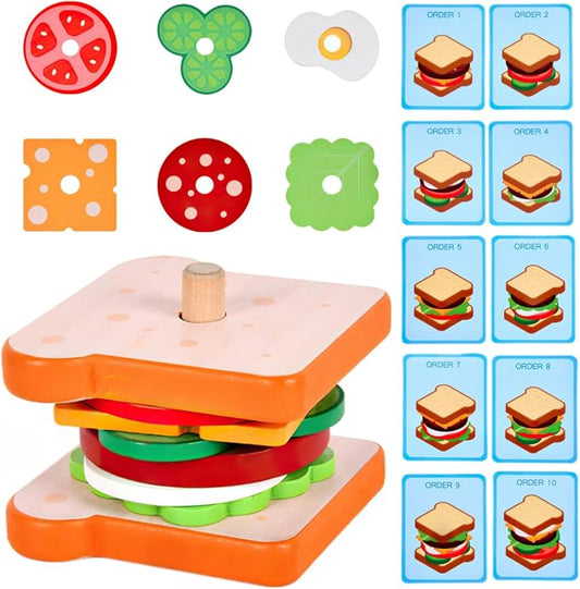 Wooden Sandwich Stacking Toys for Kids, Play Fake Food Toy, Montessori Toys for 3+ Year Old, Preschool Educational Toys to Develop Fine Motor Skills (Sandwich)