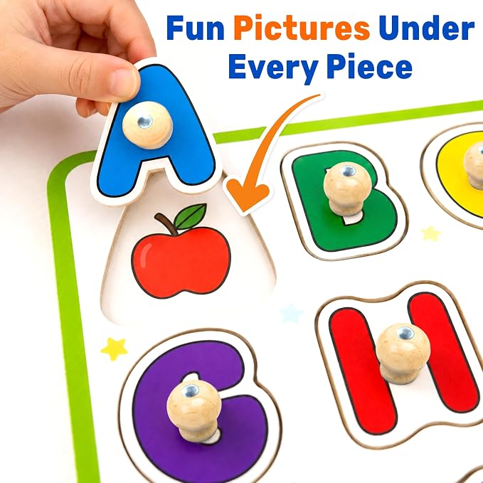Lucas & Friends Wooden ABC Peg Puzzle for Toddlers, Alphabet Learning Toy | Montessori Learning Toys, Peg Puzzle Board for Preschool Kids, Educational Alphabets Puzzle, Ages 3+, Birthday Gift for Kids