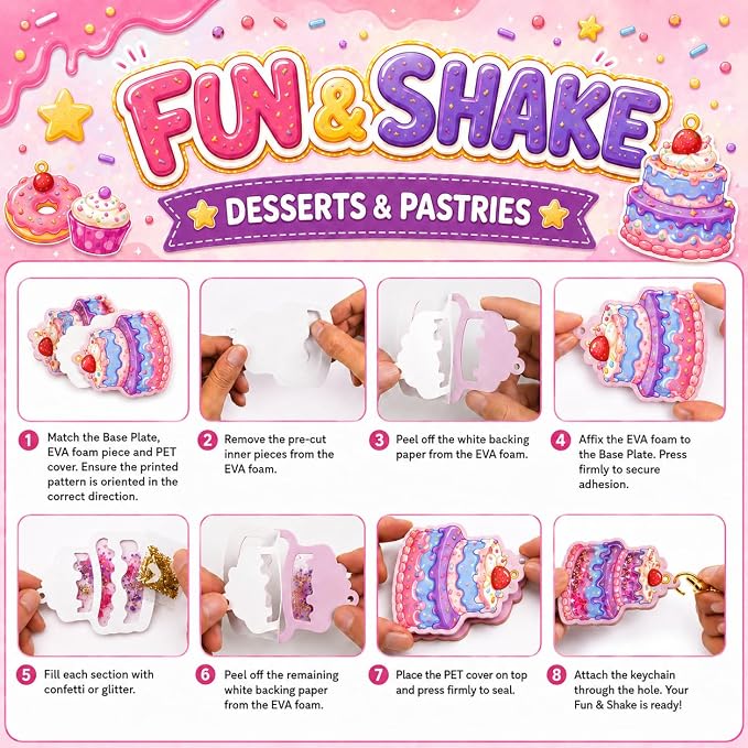DIY Glitter Craft Kit with Keychains - Mess-Free Arts and Crafts for Kids Ages 4-8, Fun Shake-It Activity, Creative Travel Toys, Party Favors & Birthday Gifts for Girls 4-9