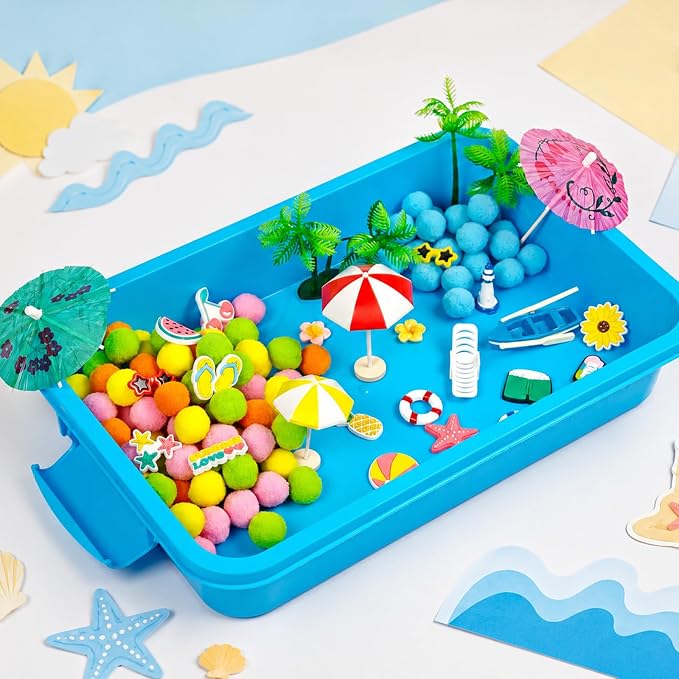Cinrobiye 155 Pcs Beach Sensory Bin Fillers Set, Tropical Summer Sensory Bin with Palm Tree, Pineapple, Beach Accessories for Preschool Classroom Activities, Fine Motor Skills & Homeschool Learning