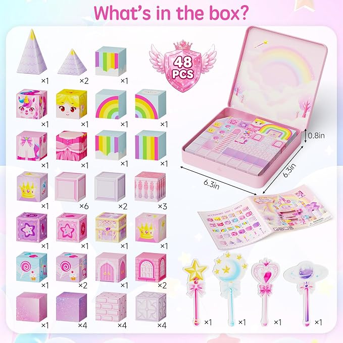 Magnetic Blocks Girls Travel: 355g Unicorn Tin 3 Cones & 4 Wands | 60-Min Princess Role Play for Airplane Activities & Road Trip Essentials Car Games 45s Cleanup Portable Kids Toy for Ages 3-8