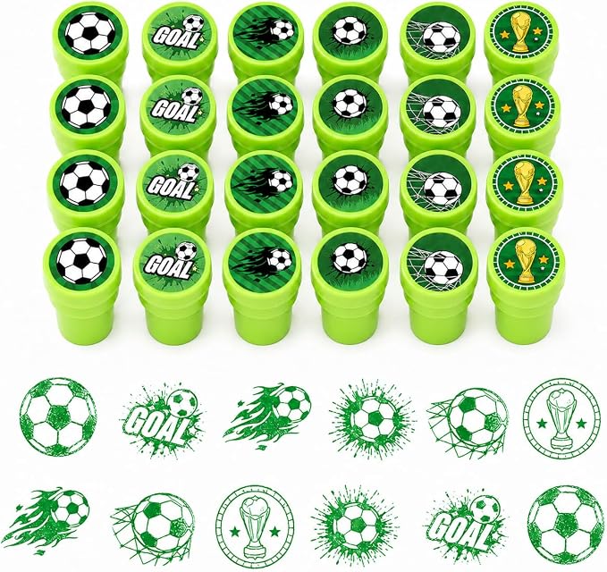 Cinrobiye 24 Pcs Soccer Sports Stampers for Kids, Pre-Inked Football Party Favor Set, Sports Birthday Party Supplies, Classroom Rewards, Goody Bags, Piñata Fillers