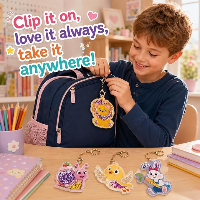 DIY Glitter Craft Kit with Keychains - Mess-Free Arts and Crafts for Kids Ages 4-8, Fun Shake-It Activity, Creative Travel Toys, Party Favors & Birthday Gifts for Girls 4-9