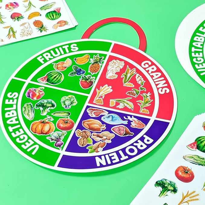 Cinrobiye 24 Set My Plate Food Stickers Preschool Vegetables Fruit Protein Grains Food Diary Early Learning Play Kit My Plate Food Chart Stories Games for Home School Classroom Supplies