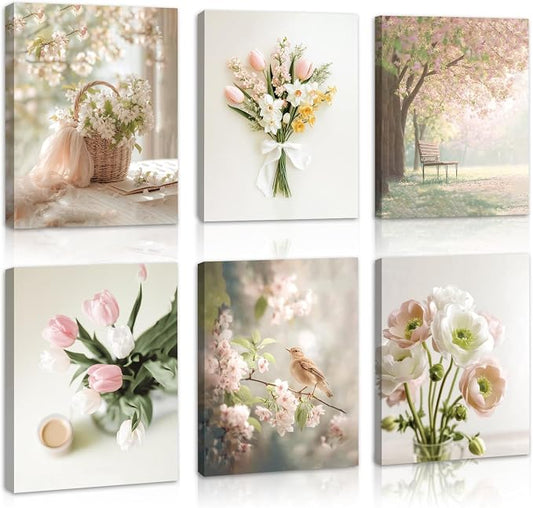 HOURIA 6Pcs Pastel Spring Framed Canvas Wall Art(12”x16”),Pink Tulip Floral Botanical Bird Wall Decor,Spring Decorations for Home Office