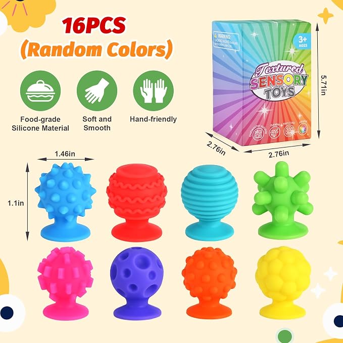 GOLDGE 16 Pack Sensory Fidget Toys for Kids, Textured Suction Cup Toys | 8 Colors Silicone Stress Relief Toys for Autism, Calm Corner Supplies for Classroom, Stocking Stuffers, Road Trip