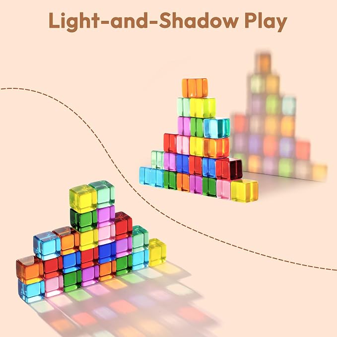 Woodtoe 80 PCS Rainbow Building Blocks Set, Wooden Blocks for Kids Ages 3-6 | Montessori Stacking Toy, 48 PCS Acrylic Blocks, 32 Wooden Blocks, Educational STEM Learning Sensory Toy Gifts for Boy Girl