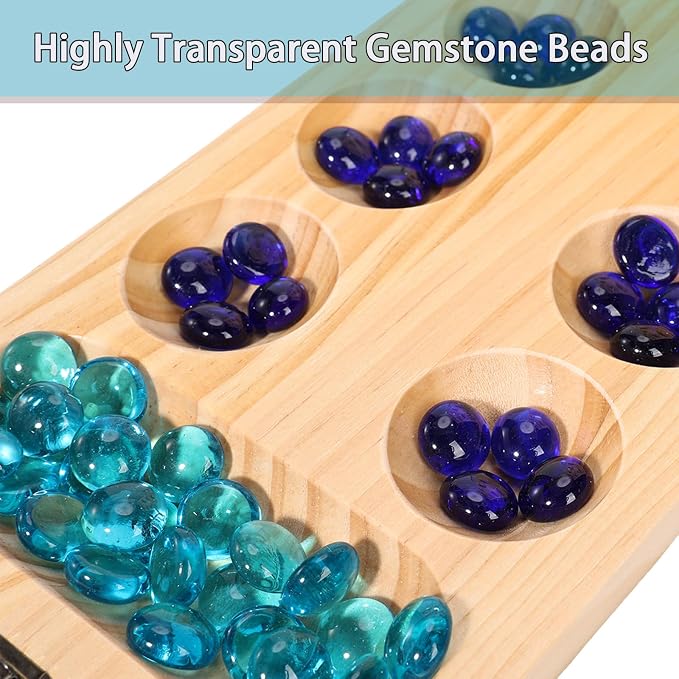 Wooden Mancala Board Game Set, Travel Mancala Game for Kids and Adults | Foldable Board, Durable Wood, 17.6x5.2" Size, 48+2 Bonus Glass Stones, Easy Instructions, Strategy Family Activity
