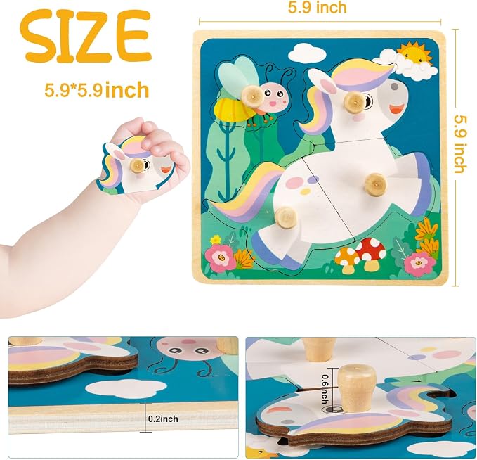 Chunky Wooden Puzzles for Toddlers 1-3: 4 PCS Animals Peg Puzzles Toys | 10 Reinforced Design Tested to 1,000+ Assembly Cycles - Big Pieces for Little Hands - Gift for 1-3 Year Olds Girl Boy