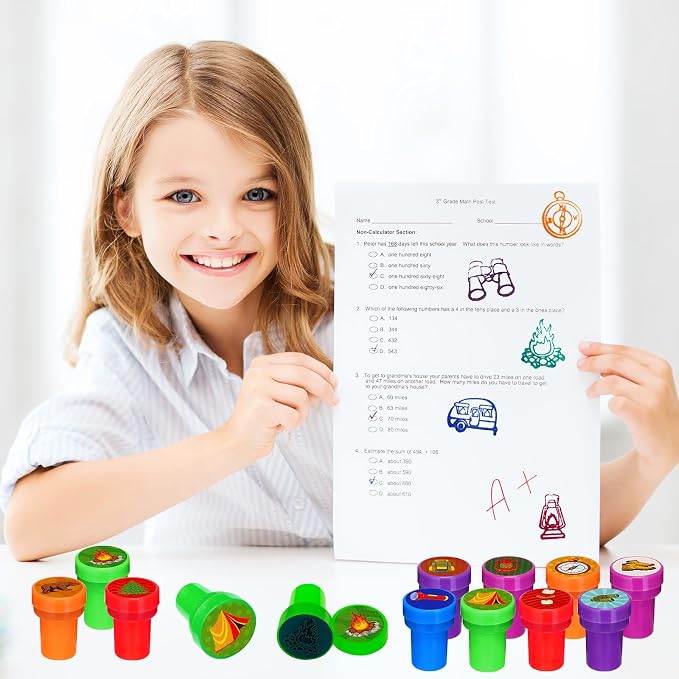 Cinrobiye 24 Pcs Camper Stampers Party Favor Set, Cute Camping Adventure Stamps for Kids Birthday Party, Classroom Rewards, Goody Bag Fillers, Outdoor Camping Themed Party Supplies