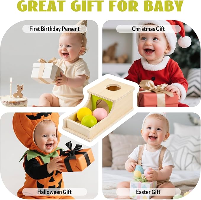 Montessori Toys for 6 Month Old, Object Permanence Box with Three Balls | 8 Month Old Baby Toys, Wooden Preschool Infant Toys 6-12 Months Developmental, Cause and Effect Ball Drop Toy