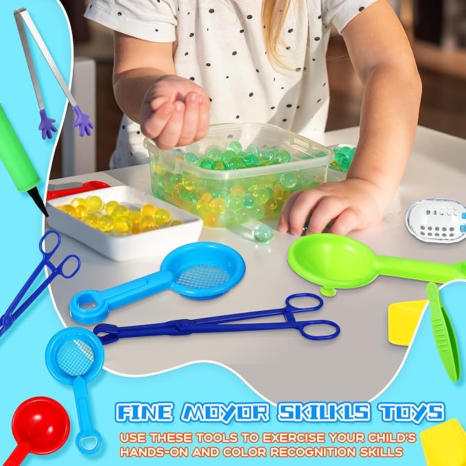 Wettarn 9 Pcs Sensory Bin Filler, Sensory Bin Tools, Fine Motor Skills Handy Scooper Set with 4 Scoops, 2 Tweezers, Scissors Clips, Plastic Forceps and Air Pump for Sorting Counting