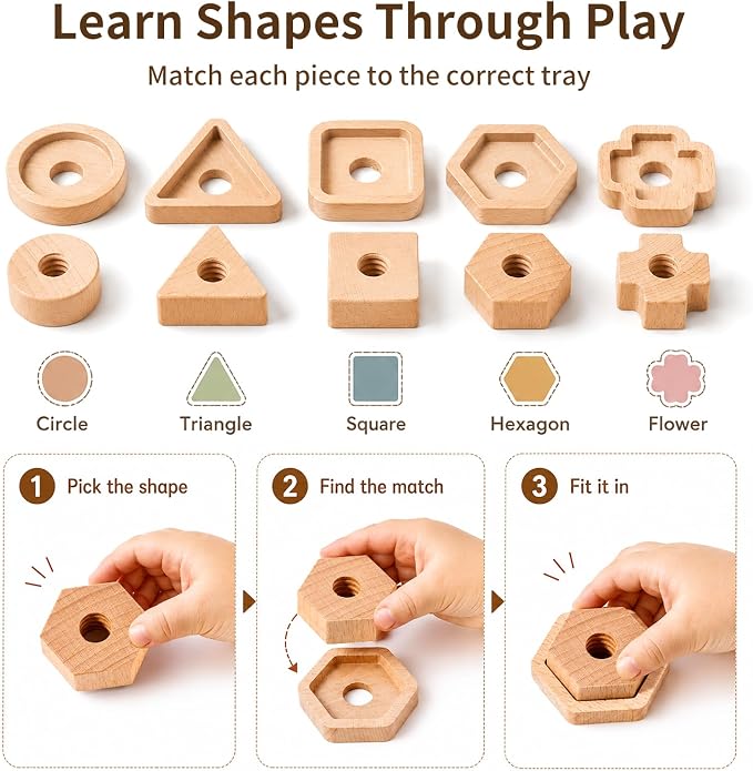 Wooden Screw and Nut Playset for Kids Ages 3,4,5，Montessori Shape Sorting Toy, Lacing Beads, Preschoolers Activities, Building Construction Screw Matching, for Boys Girls