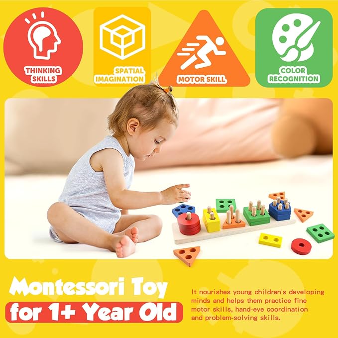 Montessori Toys for 2 3 Year Old Girls Boys, Wooden Sensory Toys for 2-3 Year Old Birthday Gifts, Education Toddler Puzzles Toddler Easter Basket Stuffers Learning Toy Activities Puzzles Ages 2-3