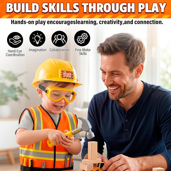 Pandapop Kids Tool Set, Costumes for Kids, Toddler Dress Up Toys | Toddler Tools with Kids Construction Vest, Hard Hat & Goggles, Kids' Dress Up & Pretend Play, Halloween Costumes for Kids