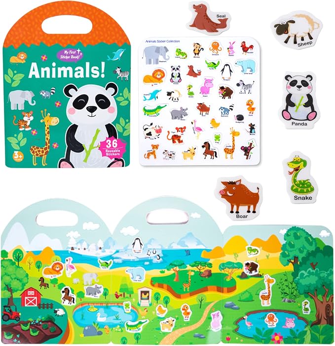 Jelly Reusable Sticker Books for Kids, Portable Travel Toys Sticker Activity Book for Kids 3 4 Year Old Girls Boys (Animals)