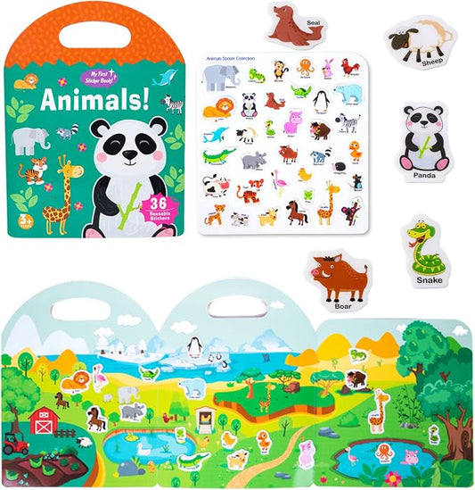 Jelly Reusable Sticker Books for Kids, Portable Travel Toys Sticker Activity Book for Kids 3 4 Year Old Girls Boys (Animals)