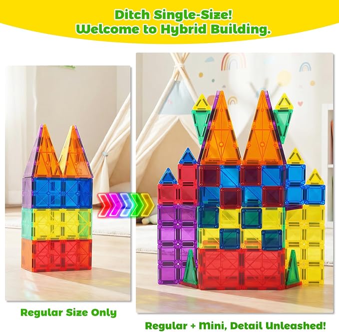 NEOROD Travel Magnetic Tiles, 72 PCS Mixed Size STEM Building Toys for 3-8 | Regular & mini tiles, compatible with others, richer builds & more creations, portable magnet block for travel/home/classroom