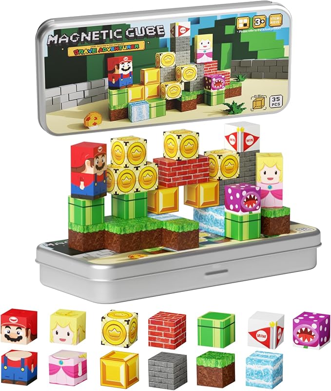Magnetic Adventure Travel STEM：35PCS Mini Blocks Kit for Ages 3-5 | Magnetic Tin Box Baseplate, 35 Adventure Builds, 40+ Min Focus, 0.8in Mini, N32 Magnets, ASTM Certified, Travel Ready