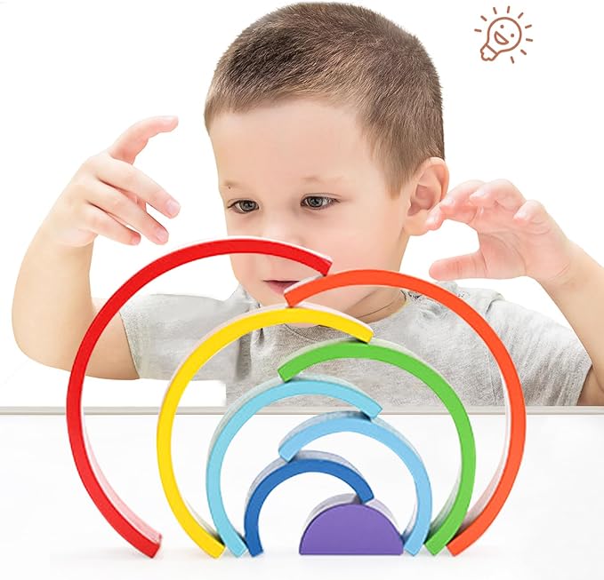 TUOWITA Wooden Rainbow Stacking Toy, Large Wood Stacker Arch Game, Montessori Arch Bridge Rainbow Building Blocks, Colorful Stacking Blocks Puzzles for Kids 3 4 5 Years Old, Rainbow Decor (8 Layers)