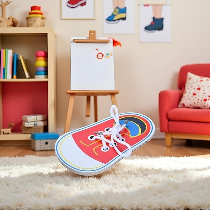 Red Wooden Shoe Tying Practice, Learn to Tie Your Own Shoes Threading Lacing Shoes Training Early Learning Kits, Threading Lacing Shoes Training Board Early Learning,Decorative Accessories