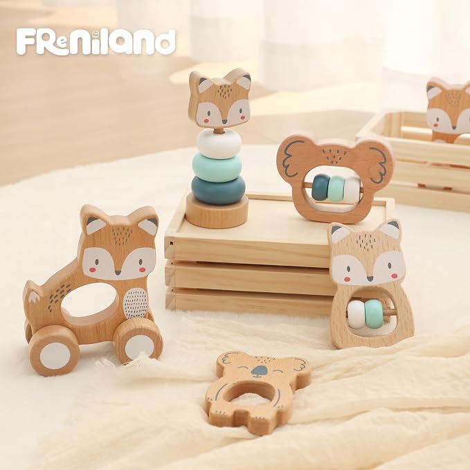 FReniland Wooden Montessori Toys, 5-Piece Wooden Baby Toy, Koala Baby Rattle, Fox Stacking Ring, Little Fox Push and Pull Toys,Koala Holding Toy,Newborn Baby Gift Sets for Boys and Girls