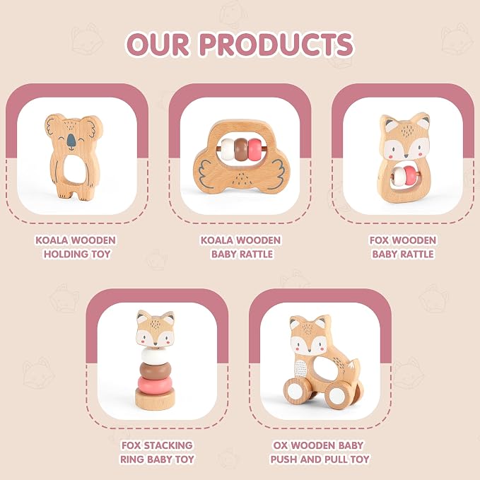 FReniland Wooden Montessori Baby Toys Set, 5-Piece Newborn Gift Set with Koala Rattle, Fox Stacking Rings & Push-Pull Toy for Boys and Girls