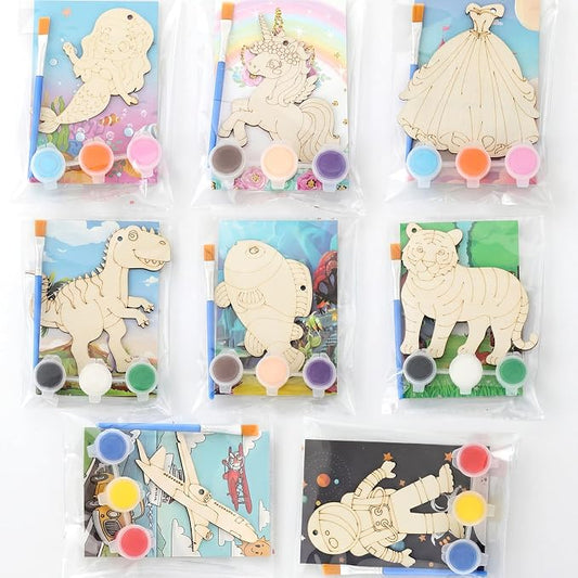 Saypacck 24 Pcs Animal Theme Party Favors Wooden Paint Craft Kits | Princess Unicorn Fairy Cowgirl Themes, With Brush Organza Bag, Ideal for Kids Girls Birthday Party Goodie Bag Fillers