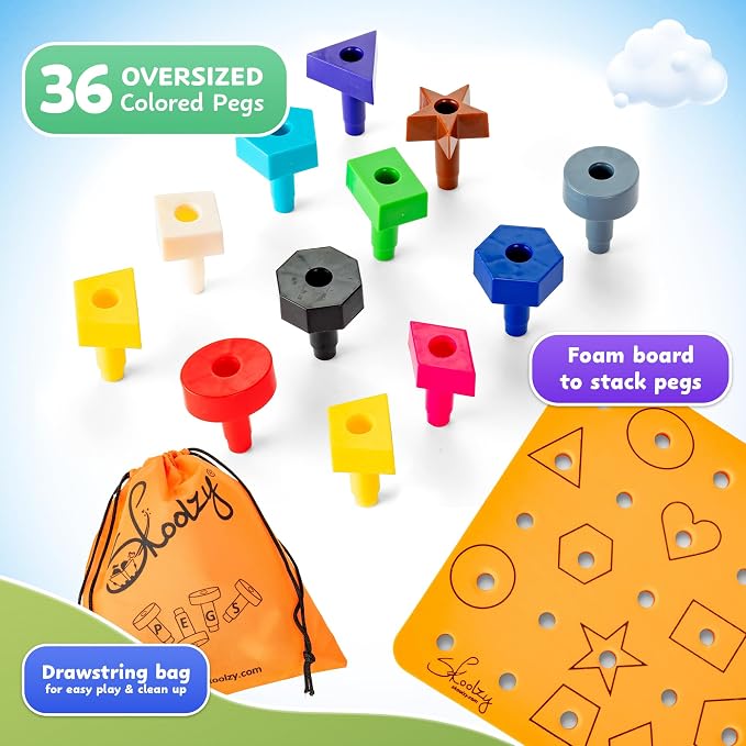 Peg Board Set, Montessori, 38 Pc Plastic w/Shapes, Ages 2+ | Occupational Therapy Toys with Pegs, Dice, Lacing String & Storage Bag, Educational, Sensory