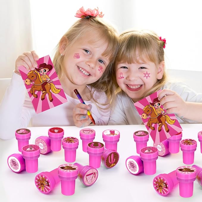 Cinrobiye 24 Pcs Pink Western Cowgirl Stampers Party Favor Set, Cute Cowboy Cowgirl Stamps for Kids Birthday Party, Classroom Rewards, Carnival Prizes, Goody Bag Fillers, Western Rodeo Party Supplies