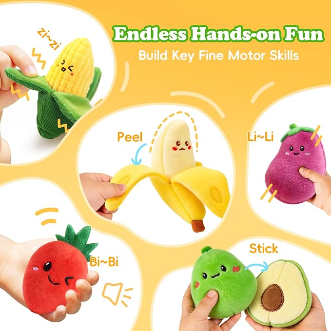 SAIMAND Baby Toys 6-12 Months,16PCS Montessori Plush Sensory Play Food Gift | Color Sorting Fruit & Vegetable Sensory Toys for Babies, Soft Play Food with Crinkle & Rattle,Gifts for 1-Year-Old Boys&Girls