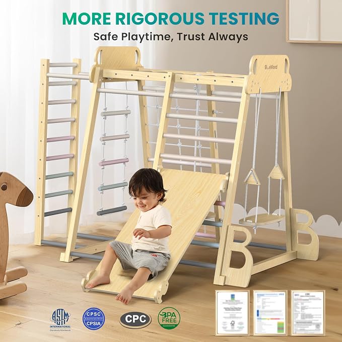Upgraded Indoor Jungle Gym 9-in-1 Playground Kids Climbing Toys | Waldorf Style Wooden Climber Playset with Slide, Swing, Monkey Bars, Upright/Rope Ladder, Climb Net, Pink