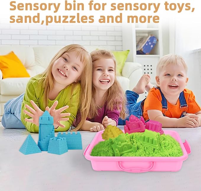 3 Pcs Plastic Sensory Bins-Portable Sandbox Container with Handle & Clear Lid-Stackable Play Tray for Kids Storage Sand,Toys & Crafts-Organizing Container for Home,Office and More(Green+Blue+Pink)