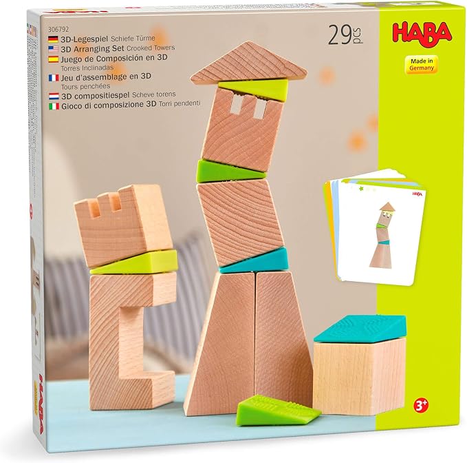 HABA Kids Building Blocks Set Crooked Tower, 19 Wooden Blocks and 6 Wedges with Pattern Cards for Toddlers 4+, Wood Stacking Toys Made in Germany