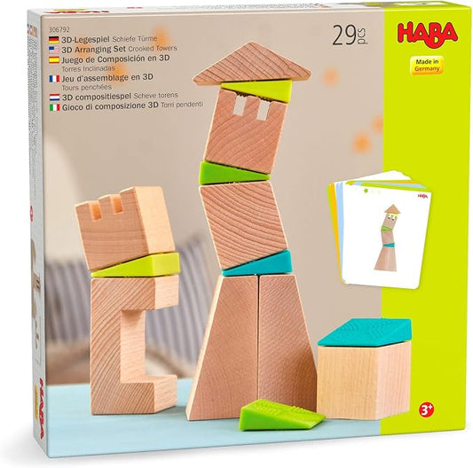 HABA Kids Building Blocks Set Crooked Tower, 19 Wooden Blocks and 6 Wedges with Pattern Cards for Toddlers 4+, Wood Stacking Toys Made in Germany